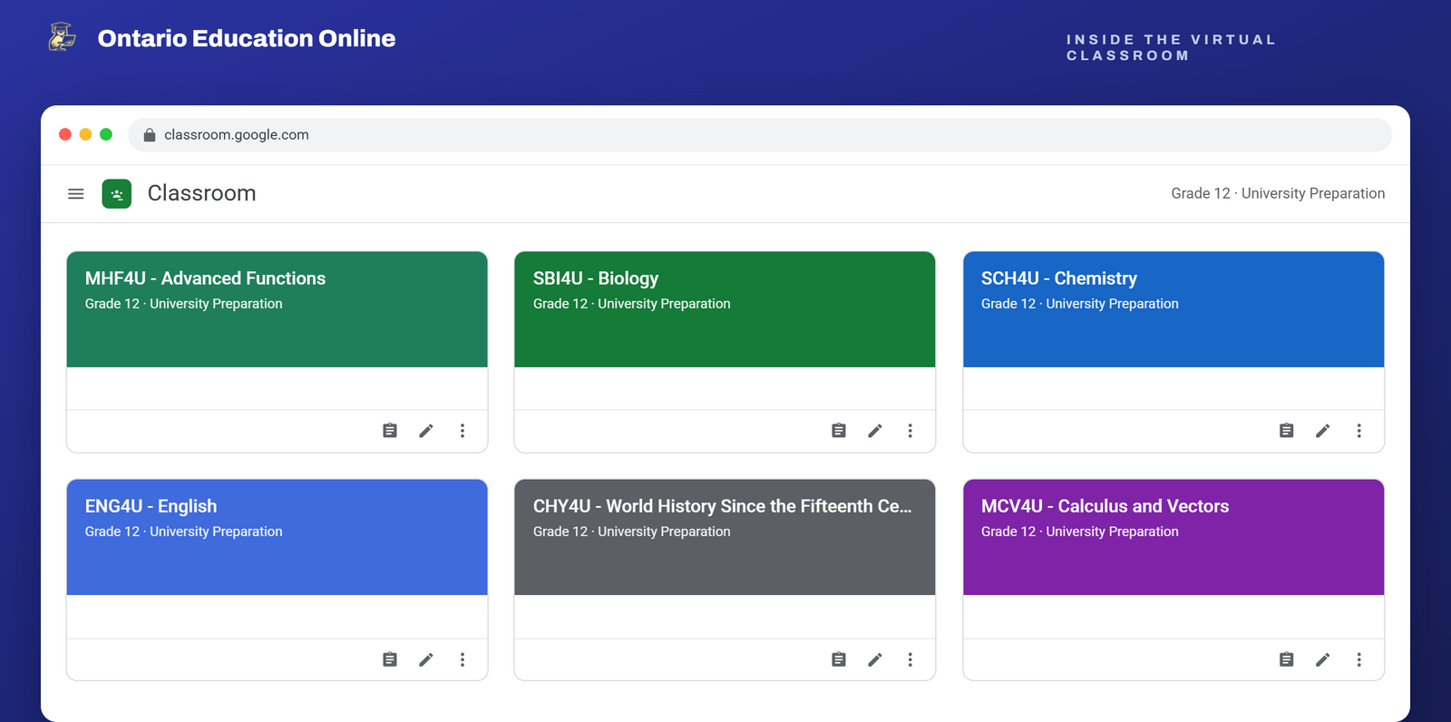 Google Classroom dashboard showing six Grade 12 course cards