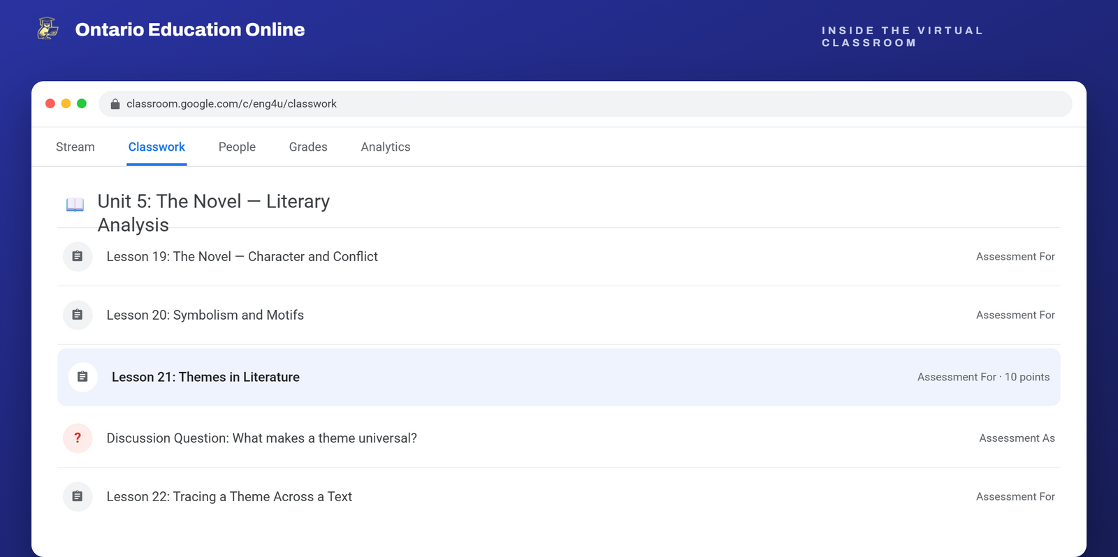Classwork tab showing Unit 5 lessons listed in sequence