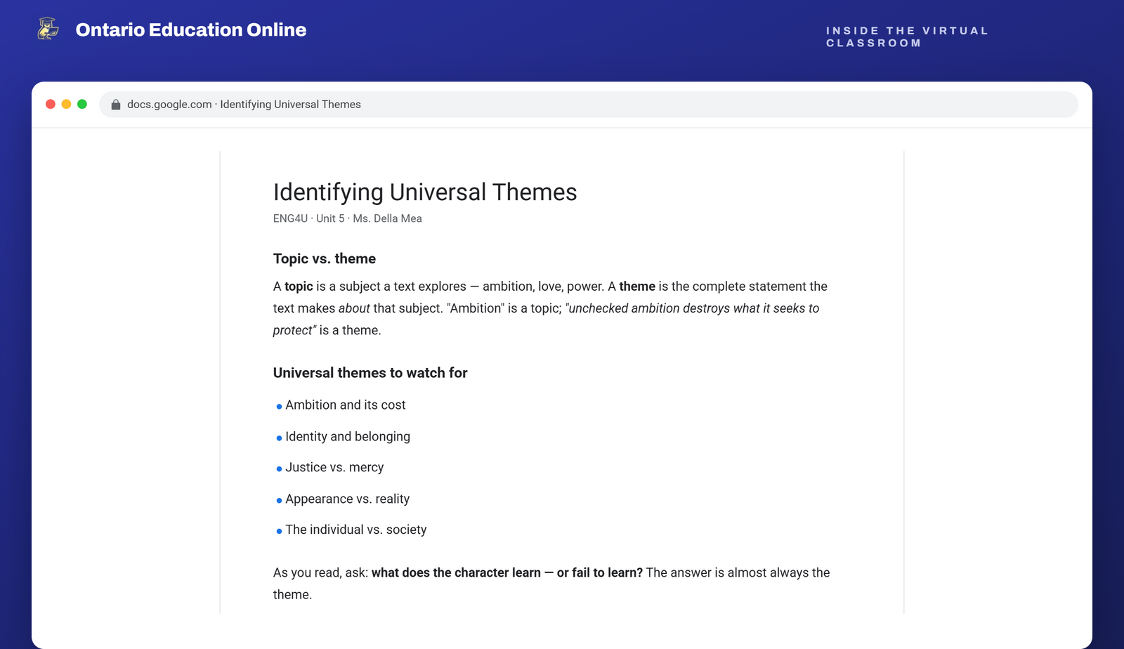 A Google Doc reading open inside the lesson