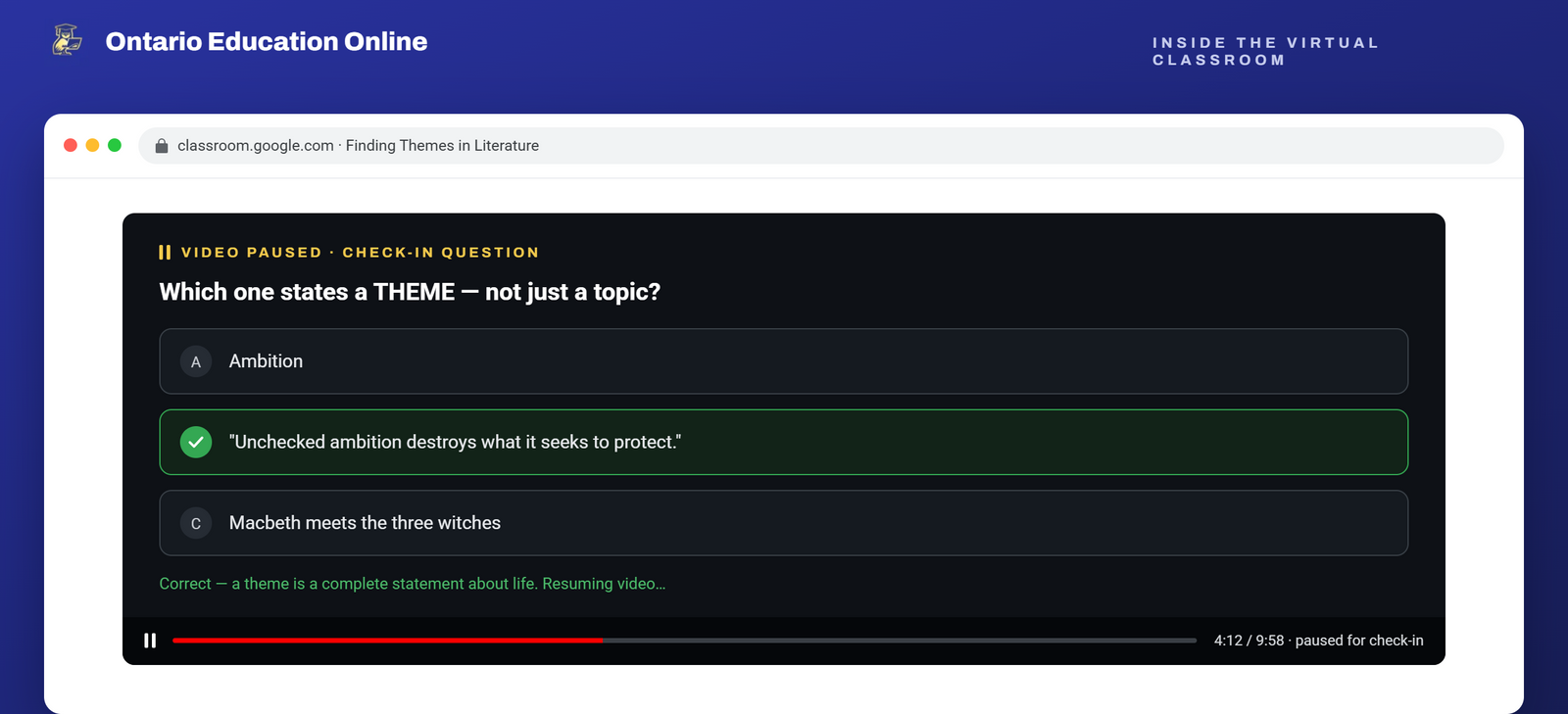 A lesson video paused on a check-in question, answered correctly