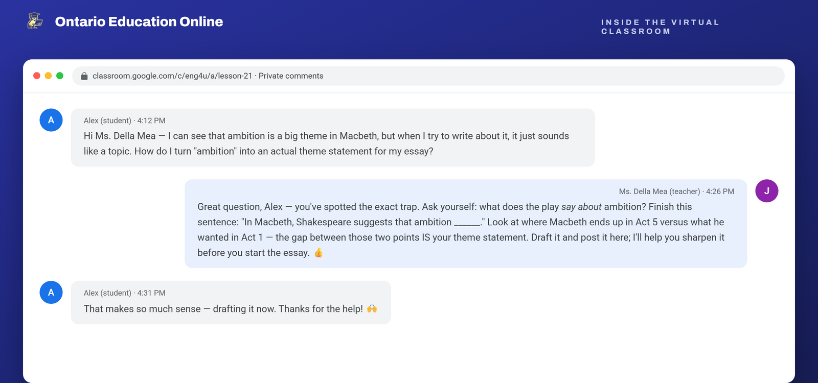 A private comment thread: a student question, the teacher's detailed reply, and the student's thanks