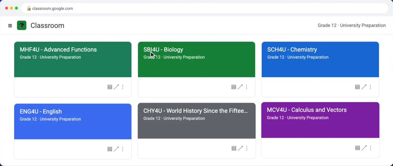 Poster frame: the Google Classroom dashboard with six Grade 12 course cards